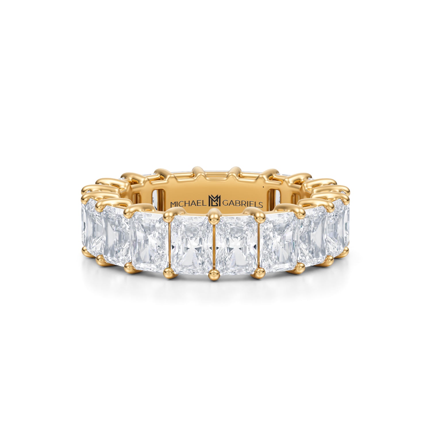 Radiant lab-grown diamond eternity band in yellow gold.