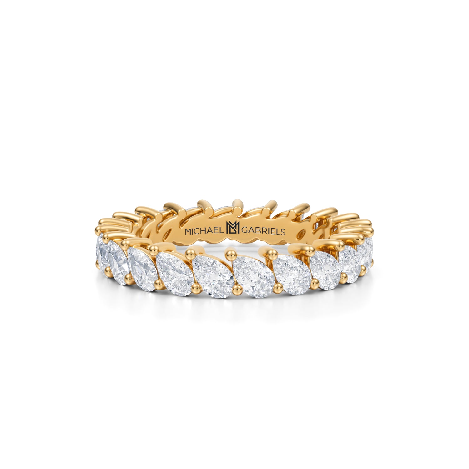 Petite yellow gold eternity band with slanted pear lab-grown diamonds.