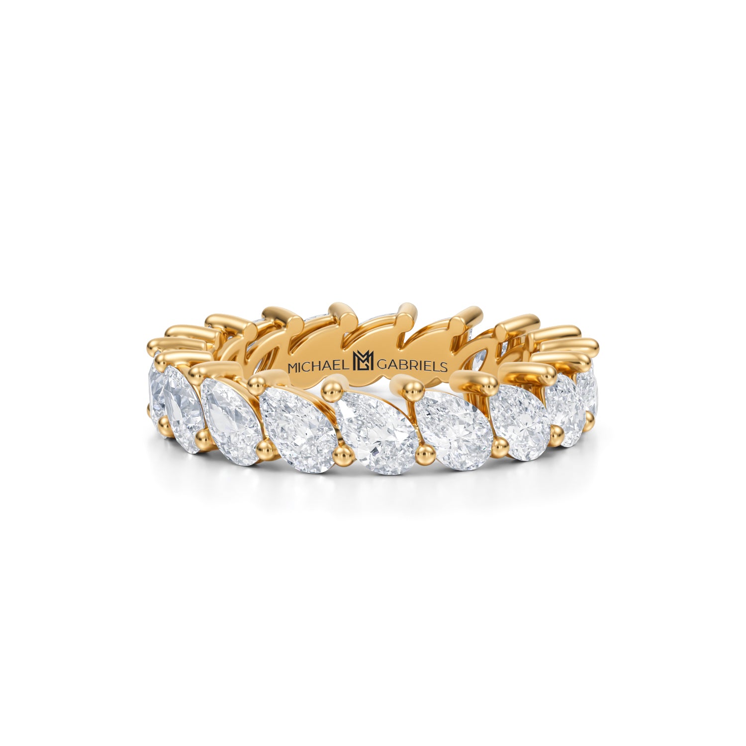 Small yellow gold eternity band with slanted pear lab-grown diamonds.