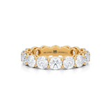 Small round lab diamond eternity band in yellow gold.