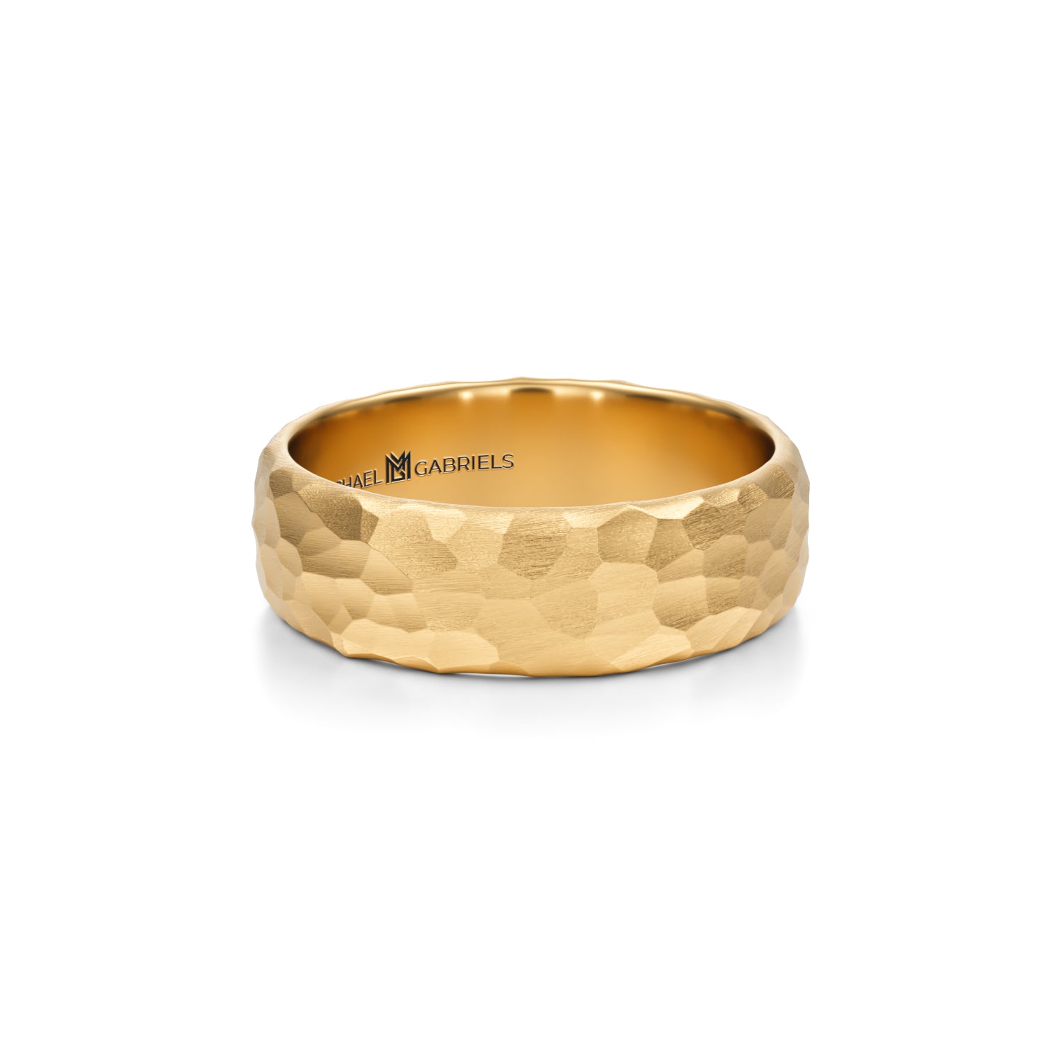 Hammered matte 6mm wedding band for men in yellow gold.