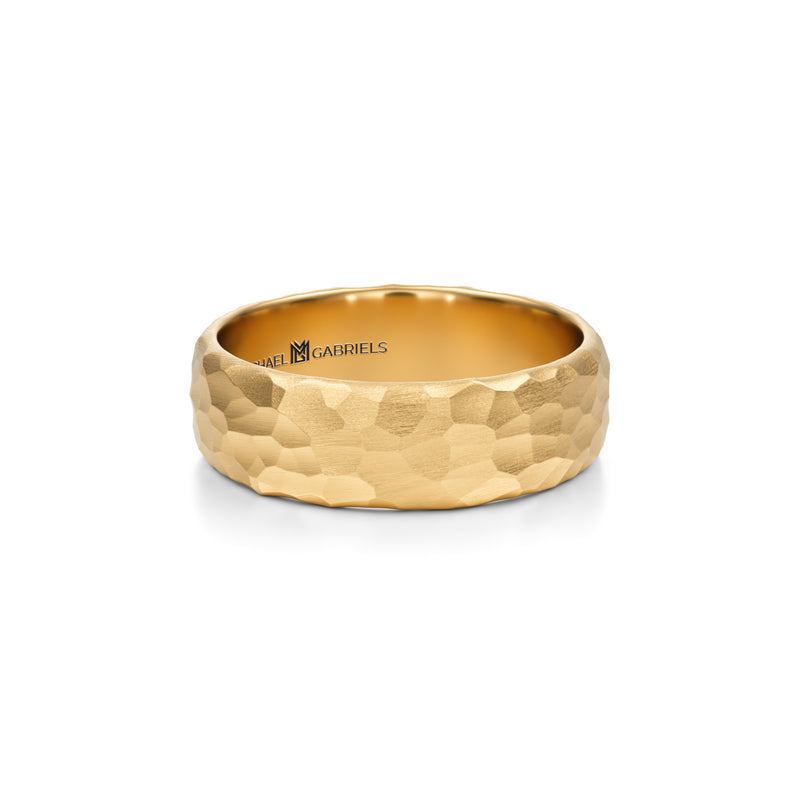 Hammered matte 6mm wedding band for men in yellow gold.