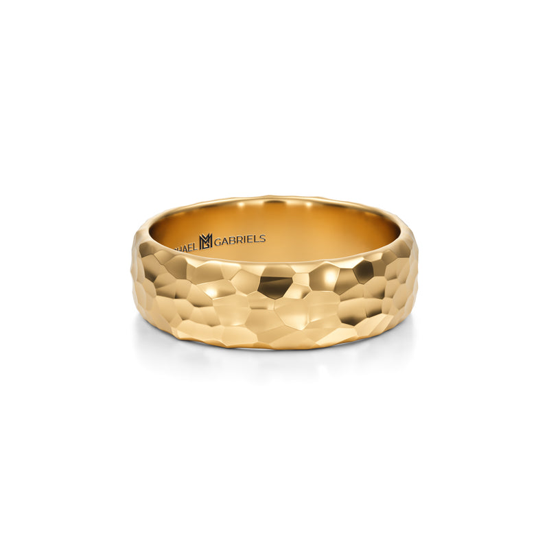 6mm Hammered High Polish Men's Wedding Band in Yellow Gold