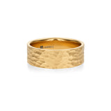 Hammered matte 6mm men's wedding band in yellow gold.