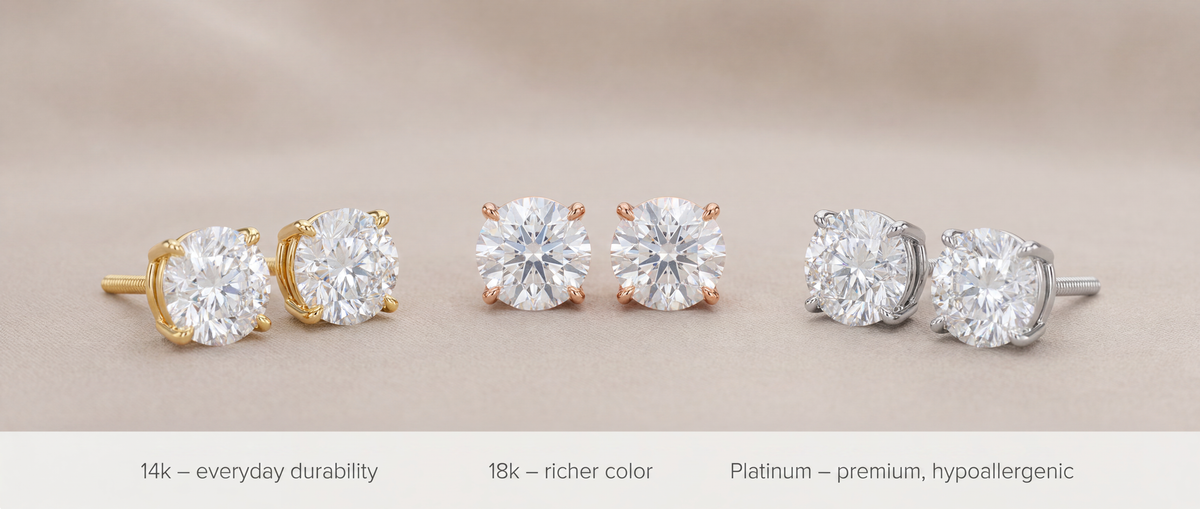 Image showing Lab grown Diamond Stud Earrings on different Metals