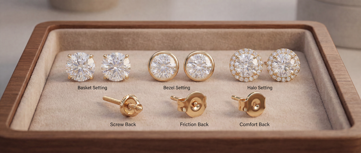 Image Showing Different Lab Grown Diamond Stud Earrings and Backings