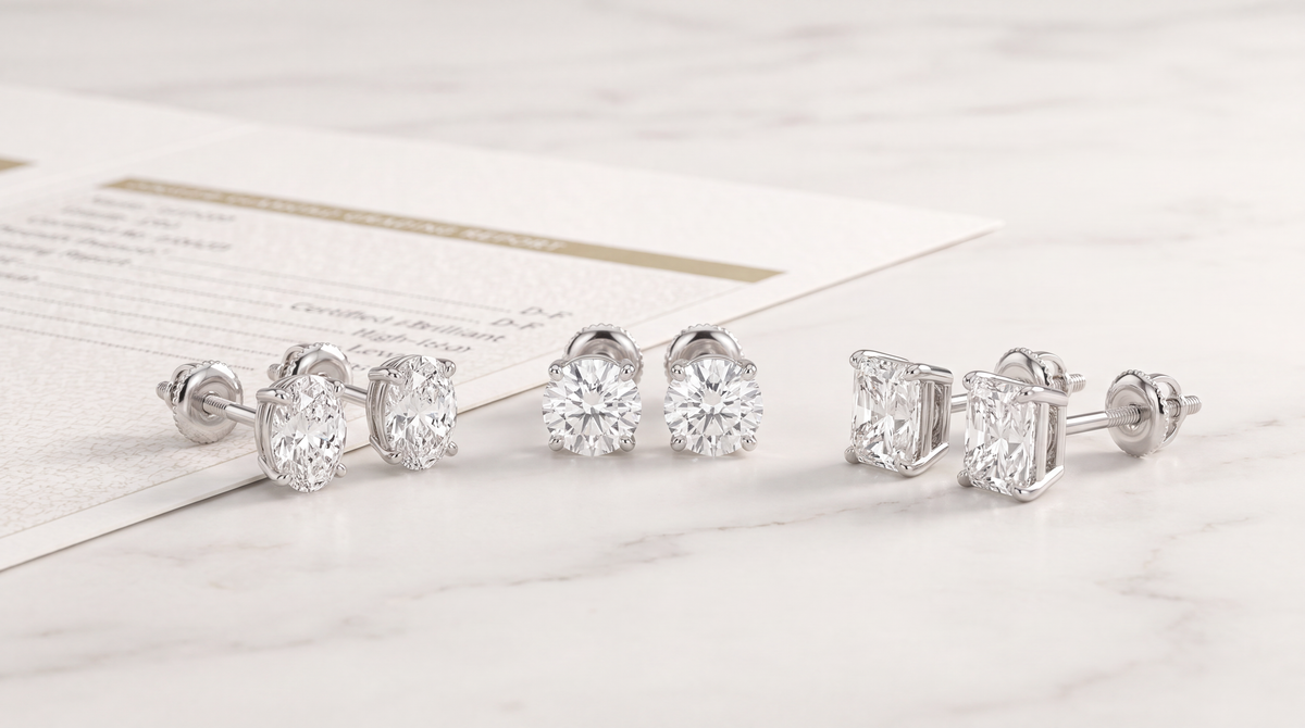 Image showing Different Lab Grown Diamond Stud Earrings beside a Certification