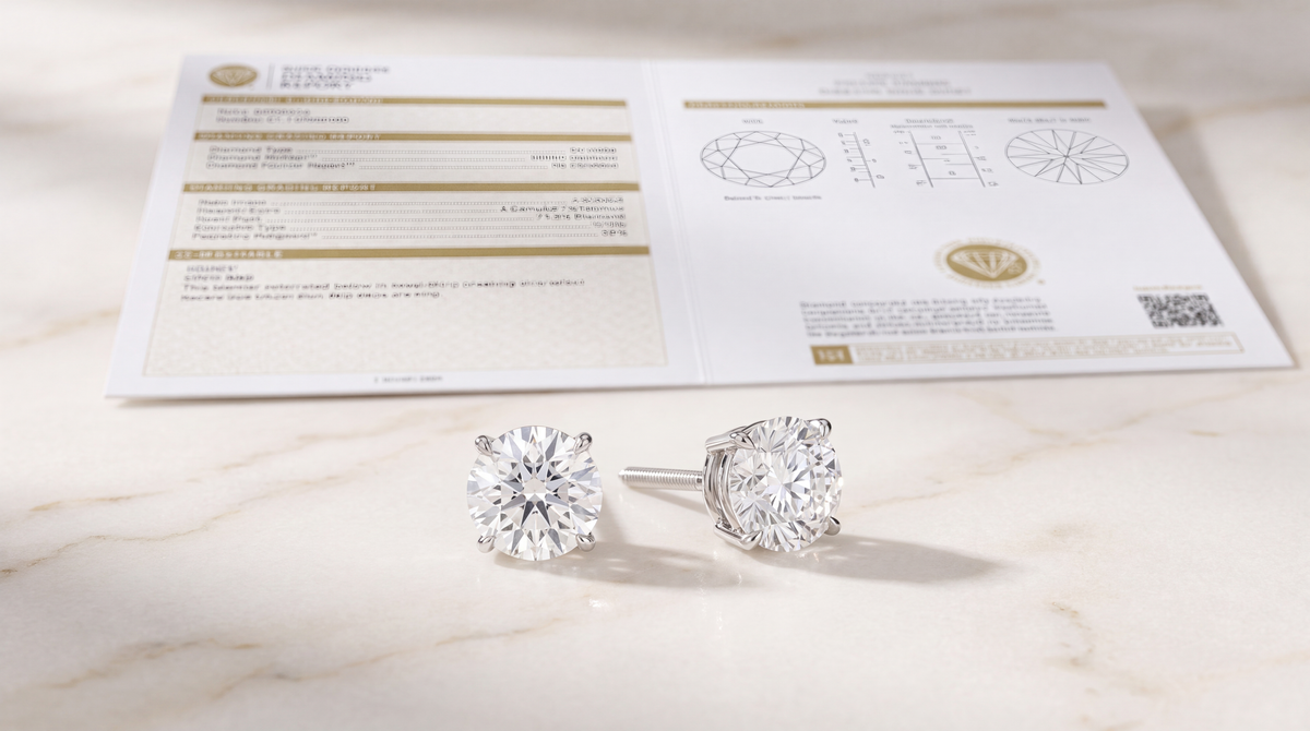 Image showing Lab Grown Diamond Stud Earrings and its Grading Report