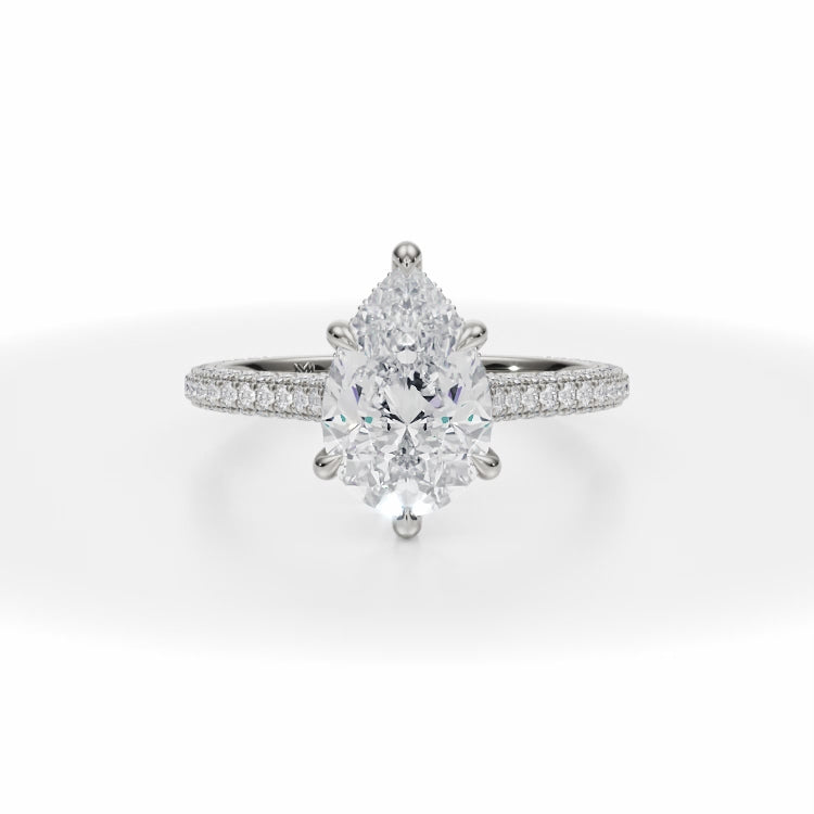 Lab Grown Diamond Pear Trio Pave Cathedral Ring With Low Pave Basket in White Gold