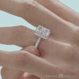 Lab Grown Diamond Radiant Cut Knife Edge Halo With Trio Pave Ring on Ring Finger in White Gold