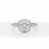 Lab Grown Diamond Cushion Cut Knife Edge Halo With Trio Pave Ring in White Gold