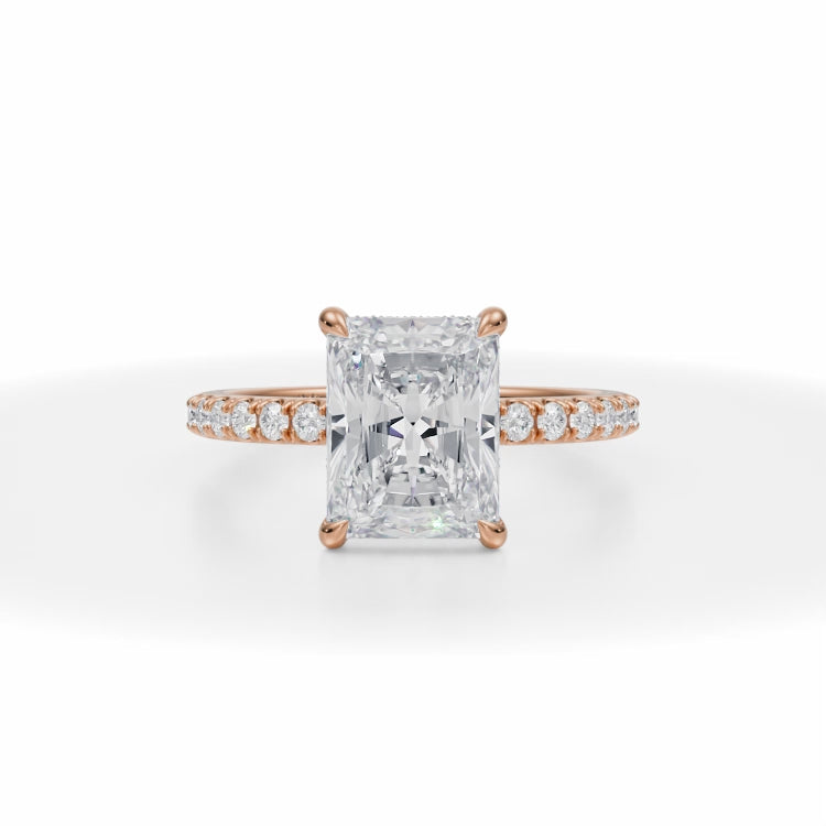 Radiant Cut Lab Grown Diamonds Pave Basket With Pave Ring in Pink Gold
