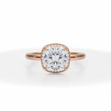 Lab Grown Diamond Cushion Cut Knife Edge Halo With Solitaire Ring in Pink Gold