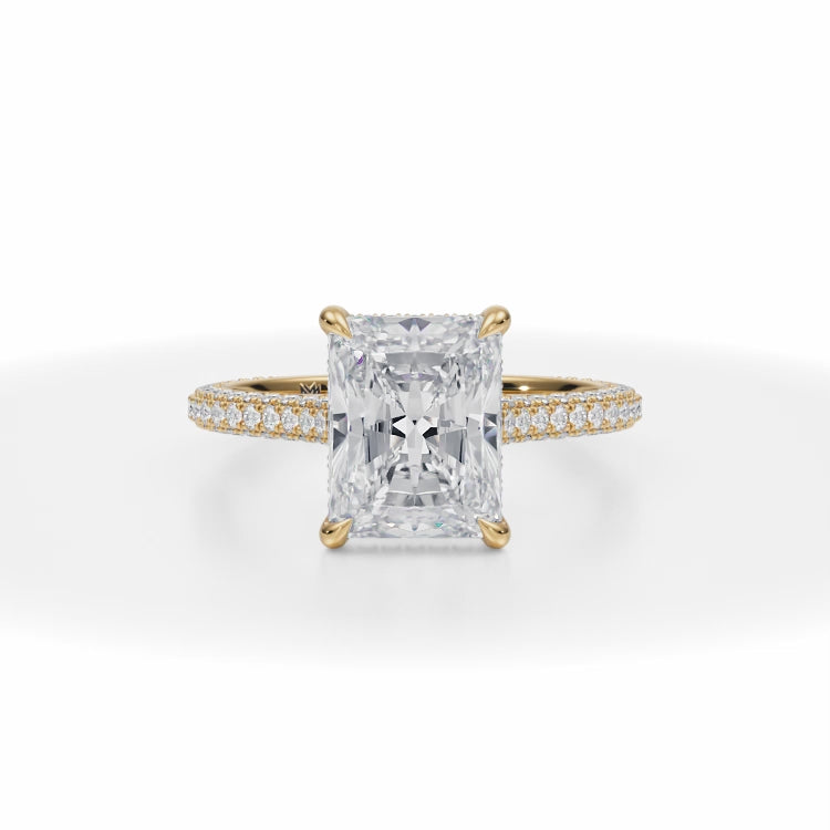 Lab Grown Diamond Radiant Trio Pave Cathedral Ring With Low Pave Basket in Yellow Gold