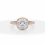 Lab Grown Diamond Cushion Cut Knife Edge Halo With Pave Ring in Pink Gold