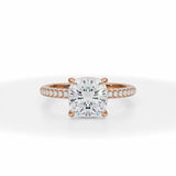 Lab Grown Diamond Cushion Cut Invisible Halo With Trio Pave Ring in Pink Gold