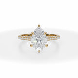 Lab Grown Diamond Pear Trio Pave Cathedral Ring With Pave Basket in Yellow Gold