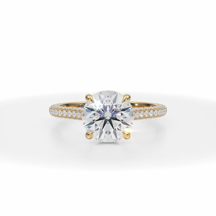 Round Lab Grown Diamond Trio Pave Cathedral Ring With Low Pave Basket in Yellow Gold