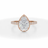 Lab Grown Diamond Pear Knife Edge Halo With Pave Ring in Pink Gold