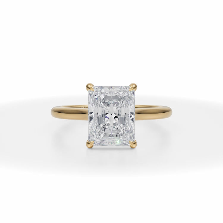 Classic Radiant Cut Lab Grown Diamond Cathedral Ring in Yellow Gold