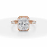 Lab Grown Diamond Radiant Cut Knife Edge Halo With Trio Pave Ring in Pink Gold