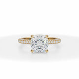 Lab Grown Diamond Cushion Cut Invisible Halo With Trio Pave Ring in Yellow Gold