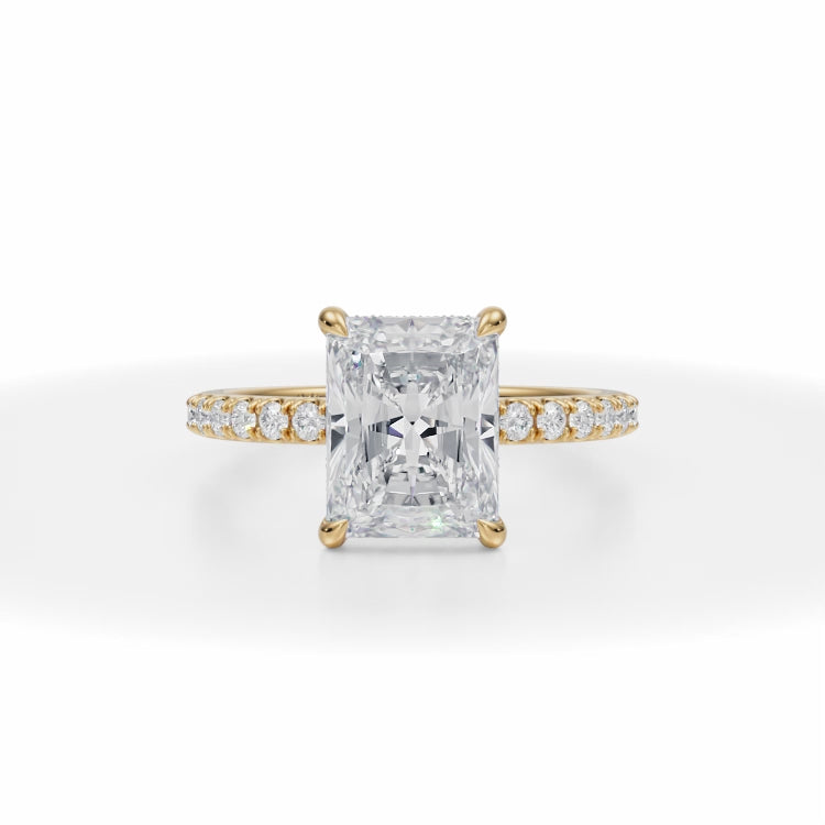 Radiant Cut Lab Grown Diamonds Pave Basket With Pave Ring in Yellow Gold