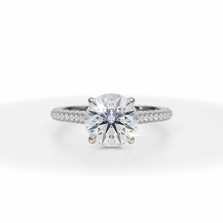 Round Lab Grown Diamond Trio Pave Cathedral Ring With Low Pave Basket in White Gold