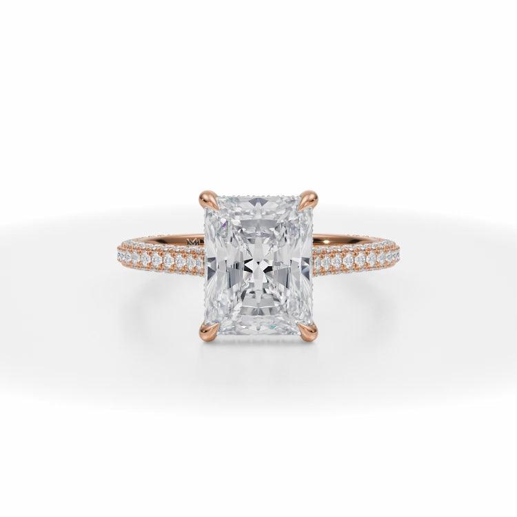 Lab Grown Diamond Radiant Trio Pave Cathedral Ring With Low Pave Basket in Pink Gold