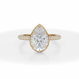 Lab Grown Diamond Pear Knife Edge Halo With Trio Pave Ring in Yellow Gold
