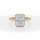 Lab Grown Diamond Radiant Knife Edge Halo With Pave Ring in Yellow Gold