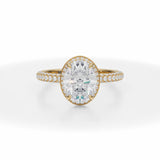 Lab Grown Diamond Oval Knife Edge Halo With Trio Pave Ring in Yellow Gold