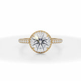 Round Lab Grown Diamond Knife Edge Halo With Trio Pave Ring in Yellow Gold