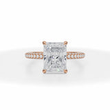 Radiant  Cut Lab Grown Diamonds Invisible Halo With Trio Pave Ring in Pink Gold