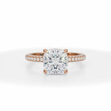 Lab Grown Diamond Cushion Pave Basket With Trio Pave Ring in Pink Gold
