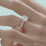 Lab Grown Diamond Cushion Cut Pave Cathedral Ring With Pave Basket on Ring Finger in White Gold