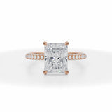 Radiant Cut Lab Grown Diamond Pave Basket With Trio Pave Ring in Pink Gold