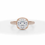 Lab Grown Diamond Cushion Cut Knife Edge Halo With Trio Pave Ring in Pink Gold