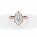 Lab Grown Diamond Pear Knife Edge Halo With Trio Pave Ring in Pink Gold