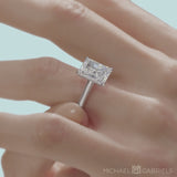 Classic Radiant Cut Lab Grown Diamond Cathedral Ring on Ring Finger in White Gold