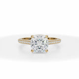 Lab Grown Diamond Cushion Cut Trio Pave Cathedral Ring With Pave Basket in Yellow Gold