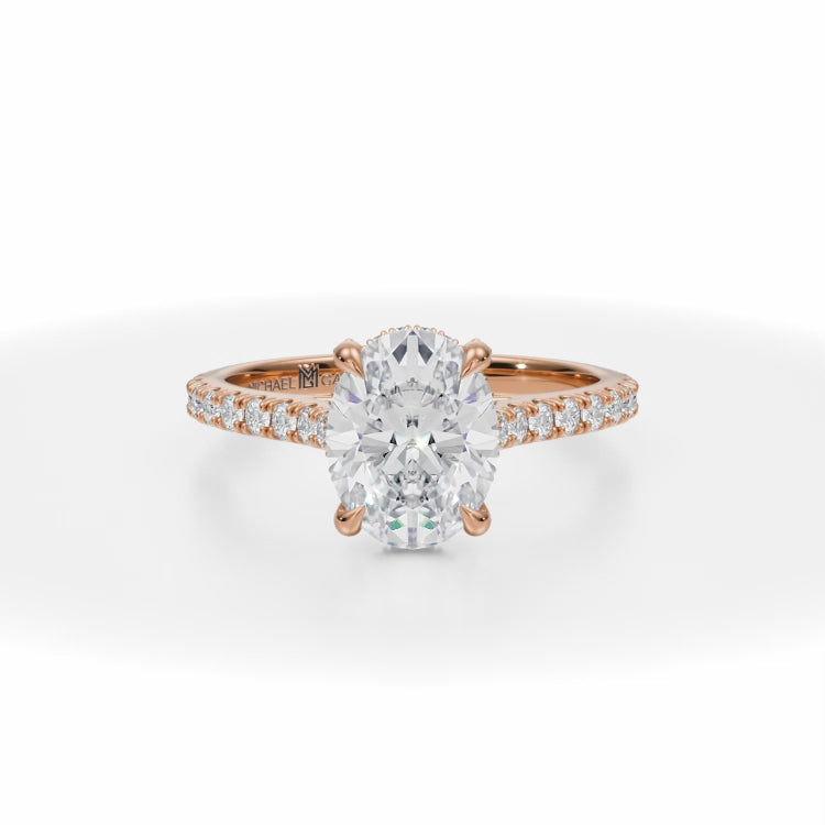 Lab Grown Diamond Oval Pave Cathedral Ring With Pave Basket in Pink Gold