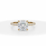 Lab Grown Diamond Cushion Cut Pave Cathedral Ring With Pave Basket in Yellow Gold