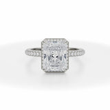 Lab Grown Diamond Radiant Cut Knife Edge Halo With Trio Pave Ring in White Gold