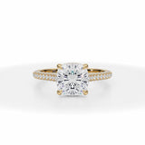 Lab Grown Diamond Cushion Cut Trio Pave Cathedral Ring With Low Pave Basket in Yellow Gold