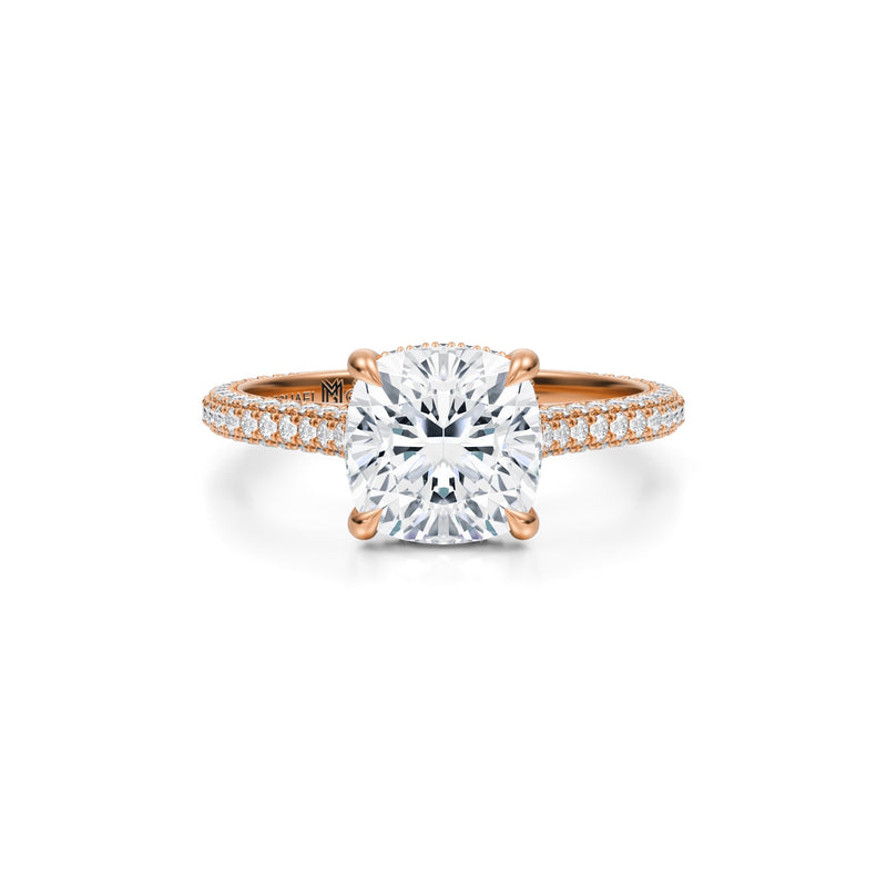 Cushion Trio Pave Cathedral Ring With Low Pave Basket  (3.20 Carat G-VS1)