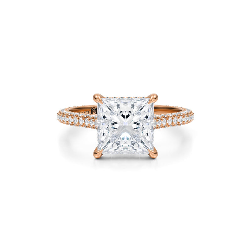 Princess Trio Pave Cathedral Ring With Low Pave Basket  (3.70 Carat G-VS1)