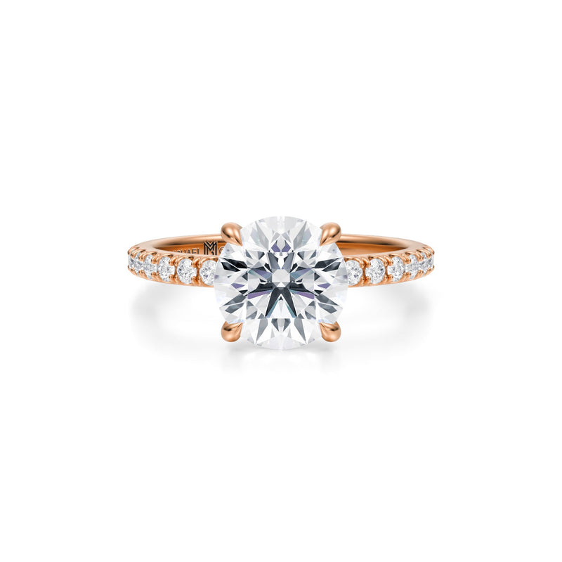 Michael Gabriels round pave ring with pave prongs in pink gold
