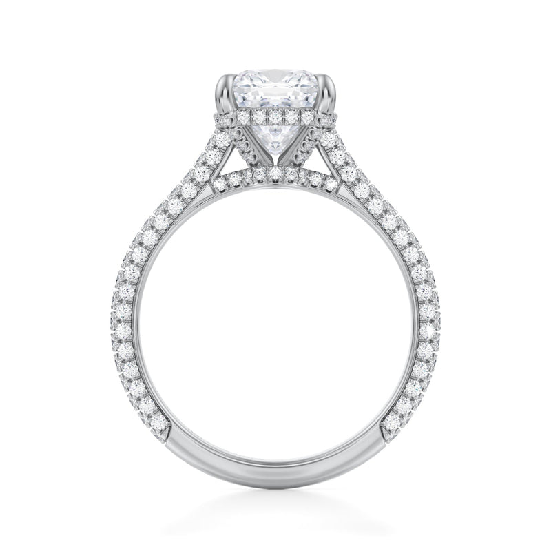 Cushion Trio Pave Cathedral Ring With Low Pave Basket  (1.50 Carat E-VS1)