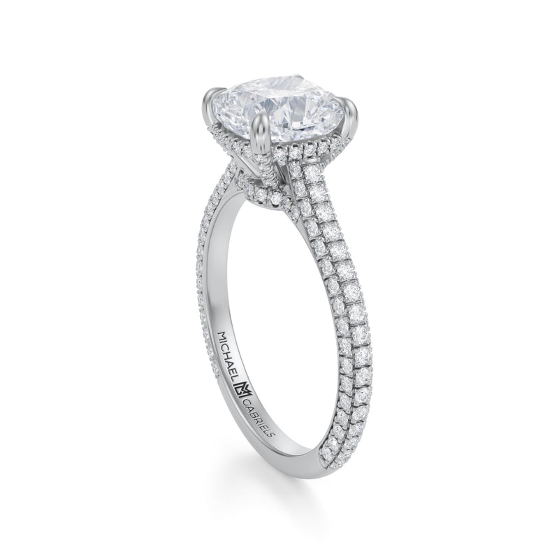 Cushion Trio Pave Cathedral Ring With Low Pave Basket  (1.70 Carat F-VS1)